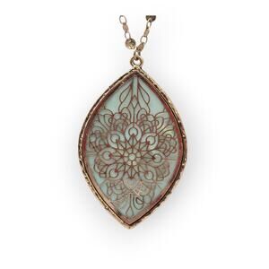 Ornate Gold Rosette Marquise Glass Pendant Necklace Victorian Romantic